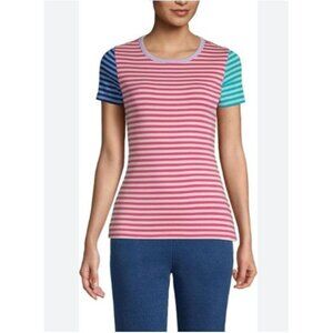 Lands End Womens Colorblock T-Shirt Size M Pink Blue Striped Short Sleeve Casual